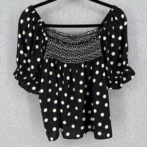 Willow Womens Puff Sleeve Smocked Top Blouse Size 3X Black White Polka Dot NEW